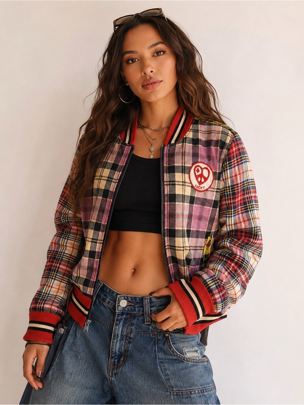 Lucky Brand Vintage Y2K Patchwork Plaid Cropped Bomber Jacket Women’s Medium